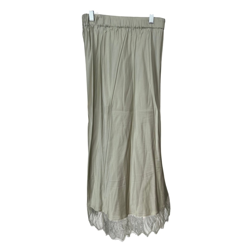 The Kooples NWT‎ Midi Skirt SZ1 =Sm Khaki Green Lace Trim Satin Elastic Waist
